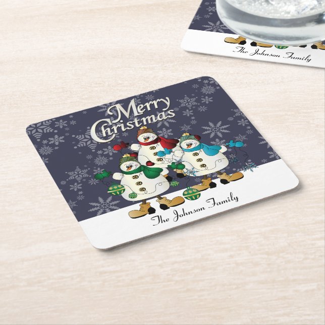 Merry Christmas Snowmen Pals | Christmas Square Paper Coaster (Angled)