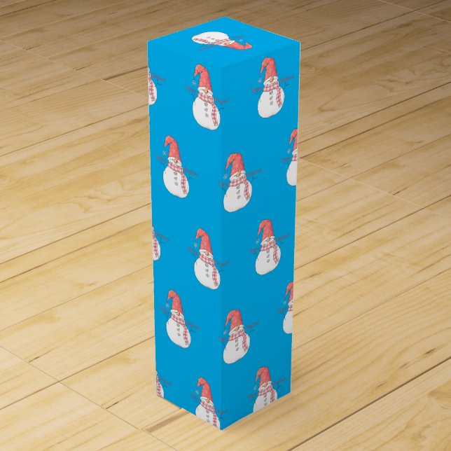 Merry Christmas Snowmen Pattern on Blue Wine Box (Front)