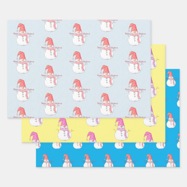 Merry Christmas Snowmen Patterns Wrapping Paper Sheets (Set)