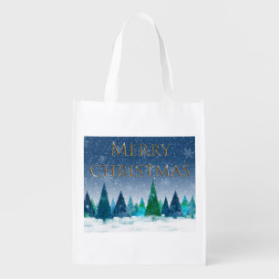 Merry Christmas Snowy Blue Forest Grocery Bag