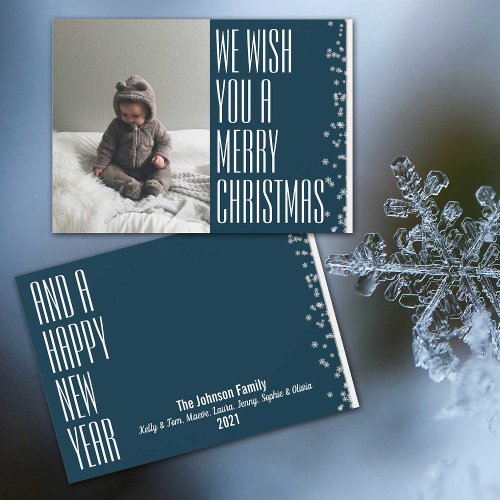Merry Christmas Snowy Blue Photo  Holiday Card
