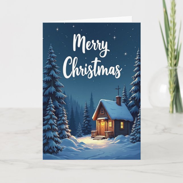 Merry Christmas Snowy Cabin Card (Front)