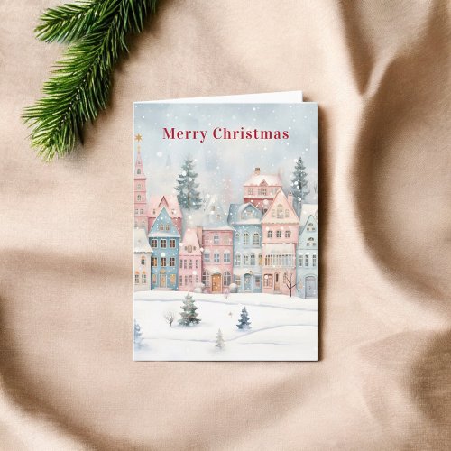 Merry Christmas Snowy City Watercolor  Card