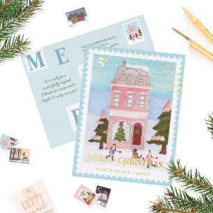Merry Christmas Snowy Festive House Postage Stamp Foil Holiday Postcard