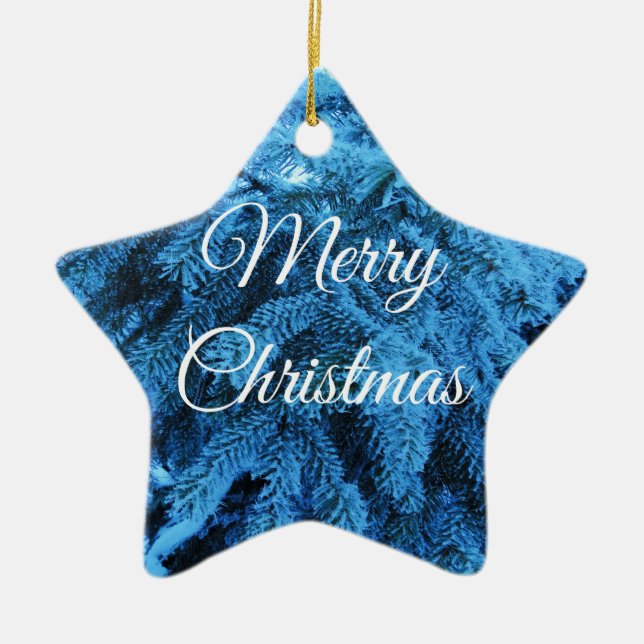 Merry Christmas Snowy Forest Spruce Star Ceramic Ornament (Front)