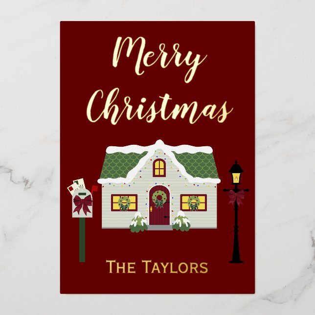 Merry Christmas Snowy Home Foil Holiday Card (Front)