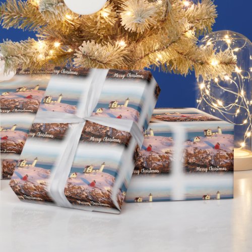 Merry Christmas Snowy Maine Lighthouse Wrapping Paper