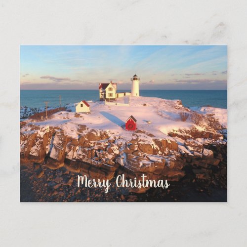 Merry Christmas Snowy Maine Nubble Lighthouse Postcard