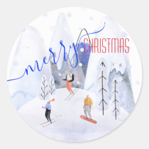 Merry Christmas Snowy Mountain Scene Skiers Classic Round Sticker