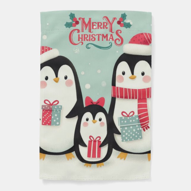 Merry Christmas snowy penguins Garden Flag (Front)