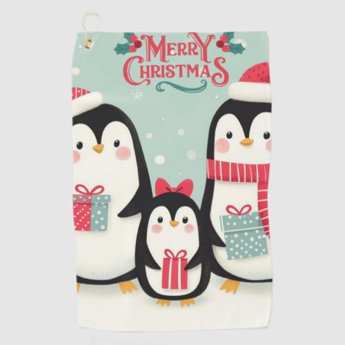 Merry Christmas snowy penguins Golf Towel