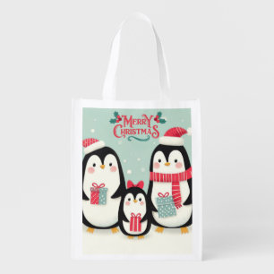 Merry Christmas snowy penguins Grocery Bag