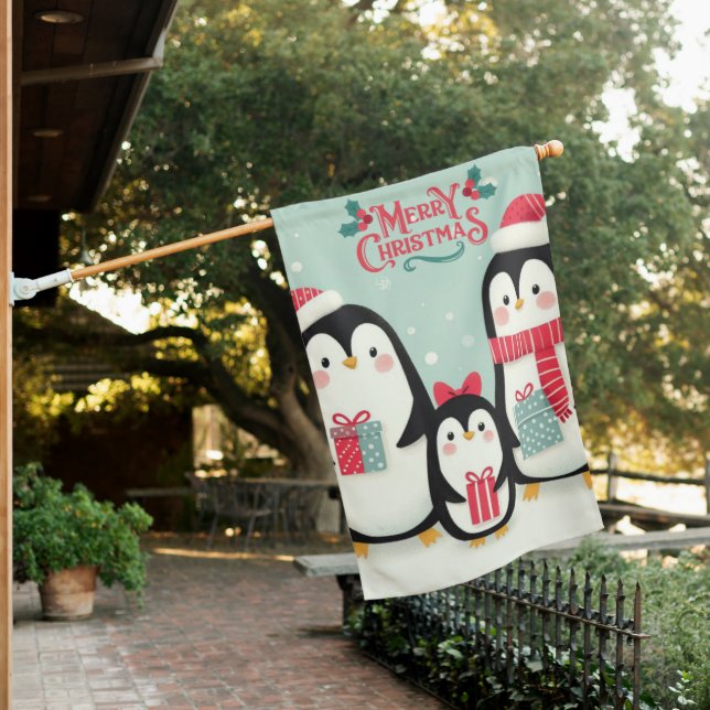 Merry Christmas snowy penguins House Flag (In SItu)