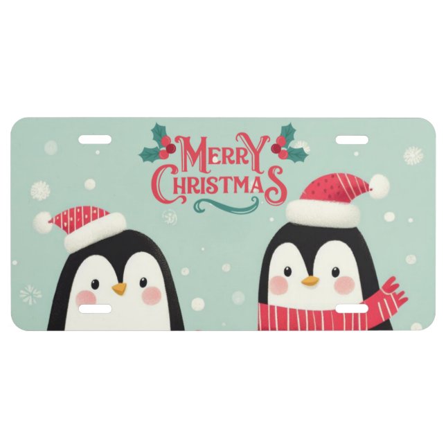 Merry Christmas snowy penguins License Plate (Front)