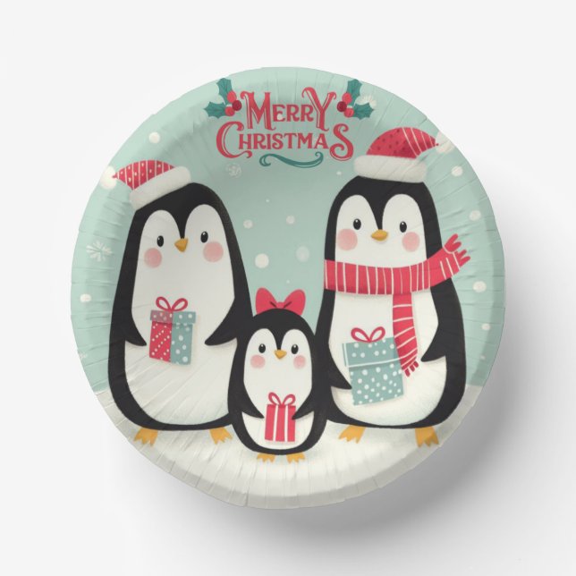 Merry Christmas snowy penguins Paper Bowls (Front)