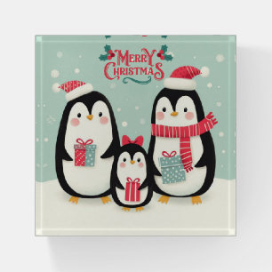 Merry Christmas snowy penguins Paperweight