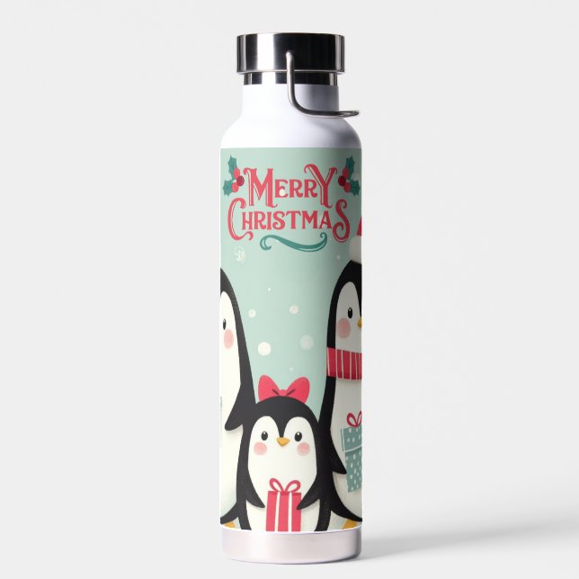 Merry Christmas snowy penguins Water Bottle (Left)