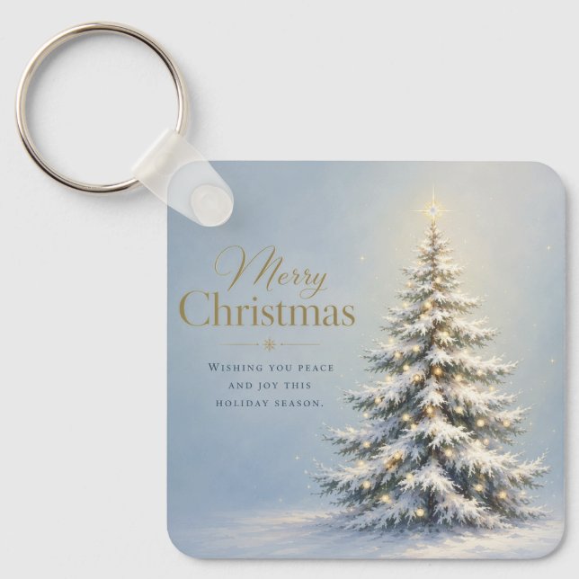 Merry Christmas Snowy Pine Tree Keychain (Front)