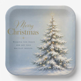 Merry Christmas Snowy Pine Tree Paper Plates