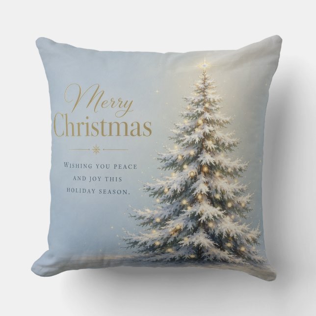 Merry Christmas Snowy Pine Tree Throw Pillow (Front)