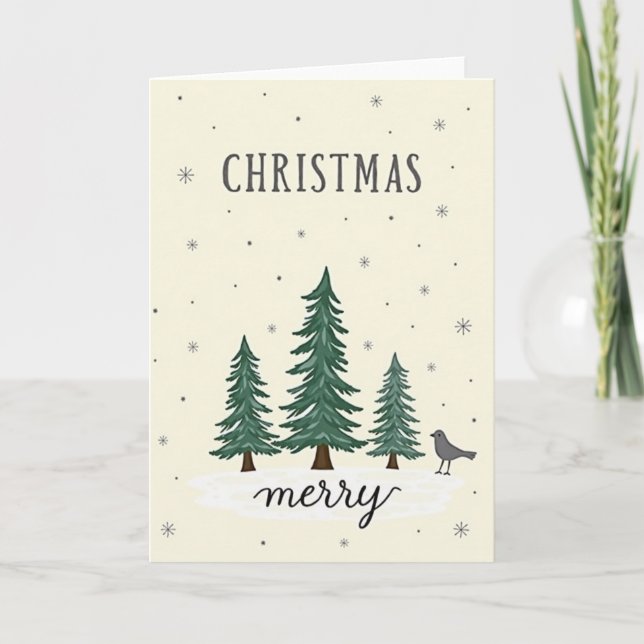 Merry Christmas Snowy Trees With Bird Card (Front)