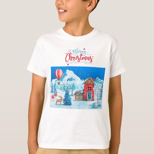 MERRY CHRISTMAS SNOWY VILLAGE ELK PINE TREE T_Shirt