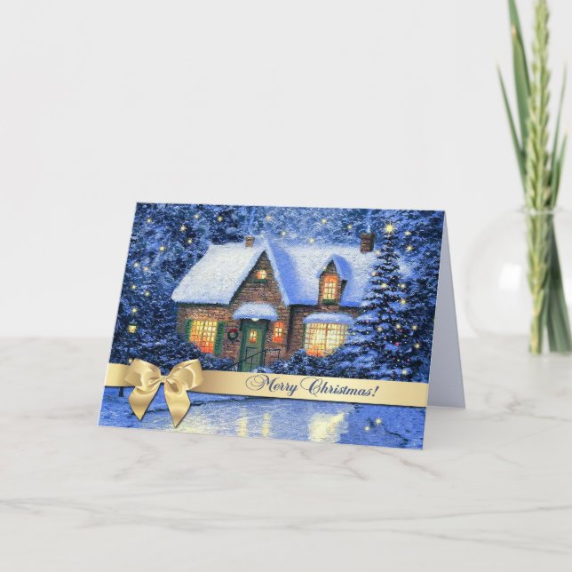 Merry Christmas. Snowy Village Painting Holiday Card (Front)