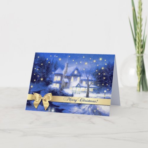 Merry Christmas Snowy Village Scene Holiday Card