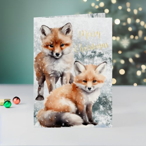 Merry Christmas Snowy Winter Red Fox Cubs Gold Foil Holiday Card