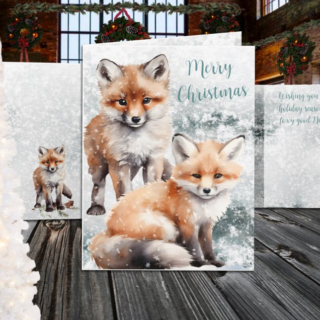 Merry Christmas Snowy Winter Red Fox Cubs Holiday Card (Merry Christmas Snowy Winter Red Fox Cubs Holiday Card available in two sizes, small size shown.)