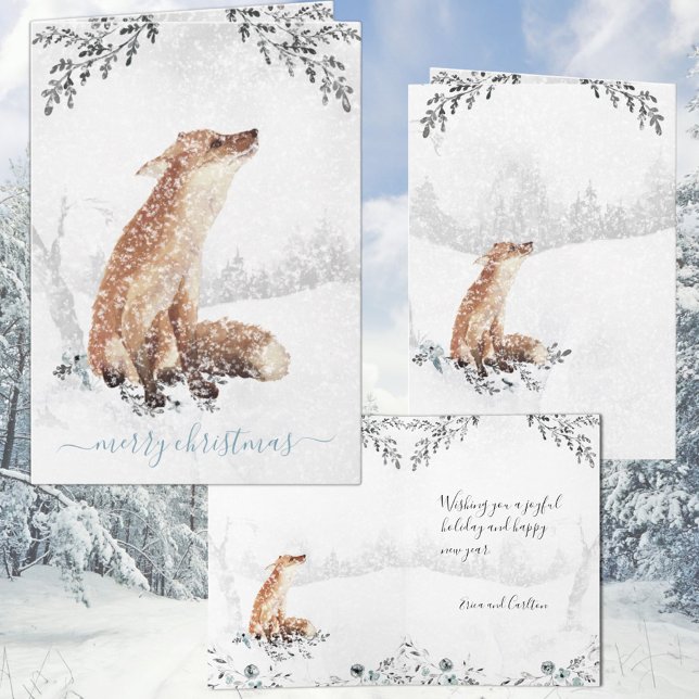 Merry Christmas Snowy Winter Woodland Red Fox Holiday Card (Merry Christmas Snowy Winter Woodland Red Fox Holiday Folded Wraparound  Graphics Gift Card)