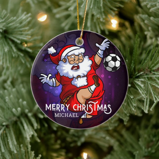 Merry Christmas Soccer Football Santa Personalized Ceramic Ornament (Tree)