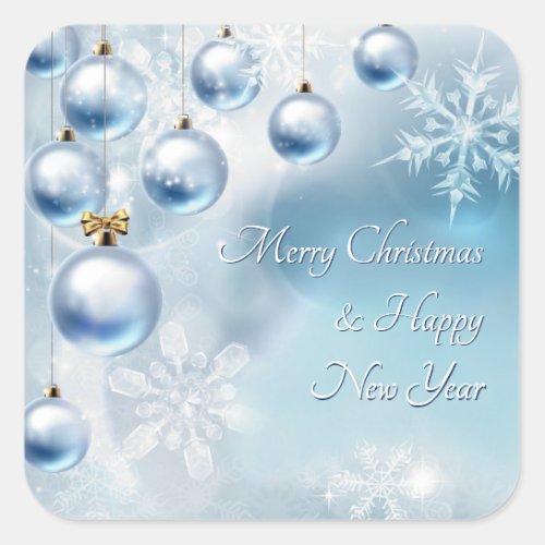 Merry Christmas Soft Blue Frosty Square Stickers