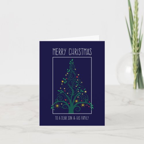 Merry Christmas Son  Family Colorful Tree Swirls Holiday Card