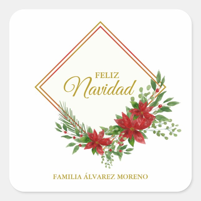 Merry Christmas Spanish with Poinsettia and Holly Square Sticker (Front)