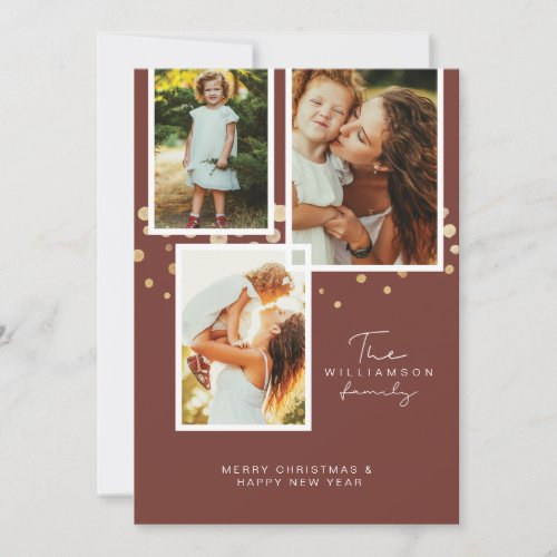 Merry Christmas Sparkle Gold Confetti Snow 3 Photo Holiday Card