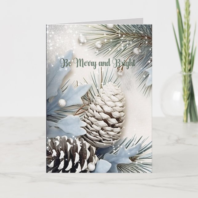 Merry Christmas Sparkle Snowflakes Pine Cones Holiday Card (Front)