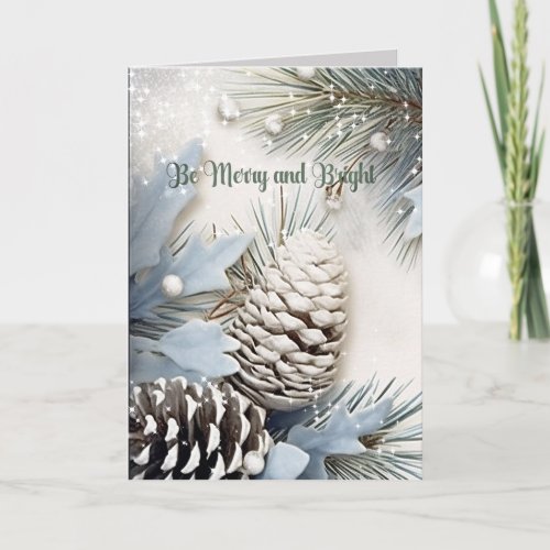 Merry Christmas Sparkle Snowflakes Pine Cones Holiday Card