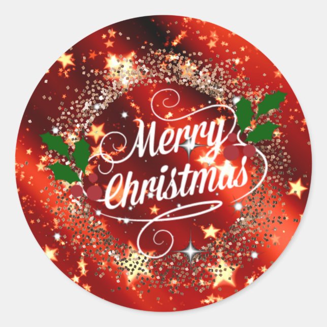 Merry Christmas, Sparkling Red and Gold Classic Round Sticker (Front)