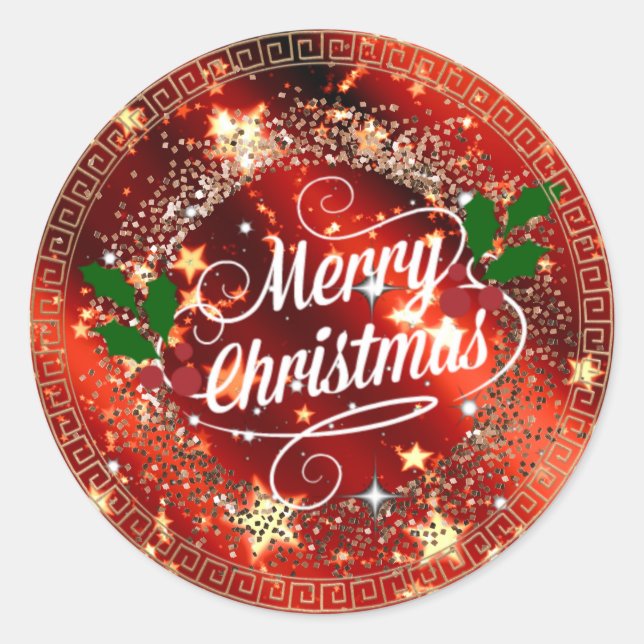 Merry Christmas, Sparkling Red and Gold, Classic Round Sticker (Front)