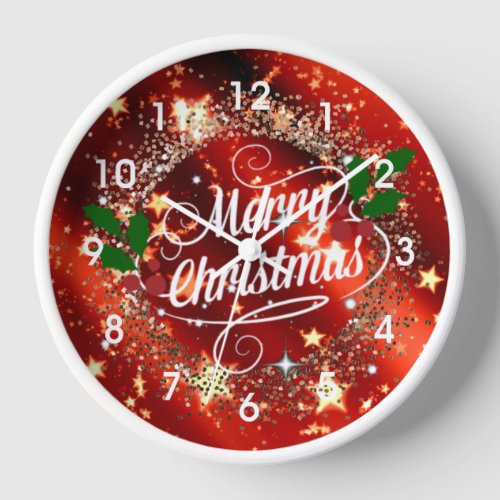Merry Christmas Sparkling Red and Gold Design Clock