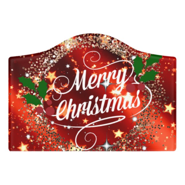 Merry Christmas, Sparkling Red and Gold Design Door Sign (Small Crest Front)