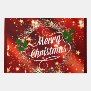 Merry Christmas, Sparkling Red and Gold Design Doormat