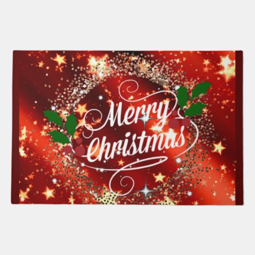 Merry Christmas Sparkling Red and Gold Design Doormat