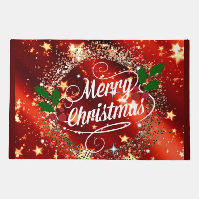 Merry Christmas, Sparkling Red and Gold Design Doormat (Front)