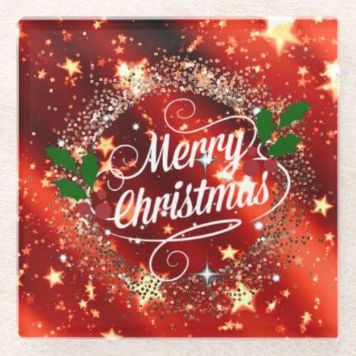 Merry Christmas Sparkling Red and Gold Design Glass Coaster