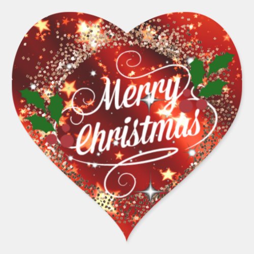 Merry Christmas Sparkling Red and Gold Design Heart Sticker