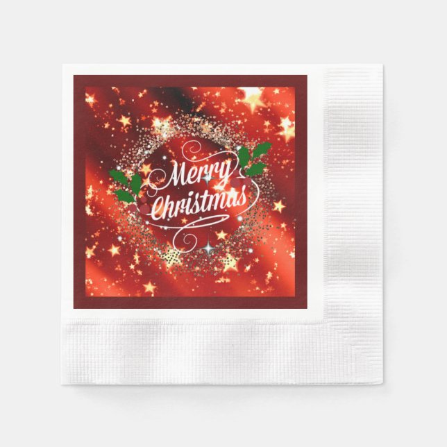 Merry Christmas, Sparkling Red and Gold Design Napkins (Front)