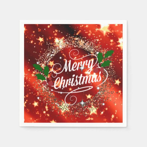 Merry Christmas Sparkling Red and Gold Design Napkins