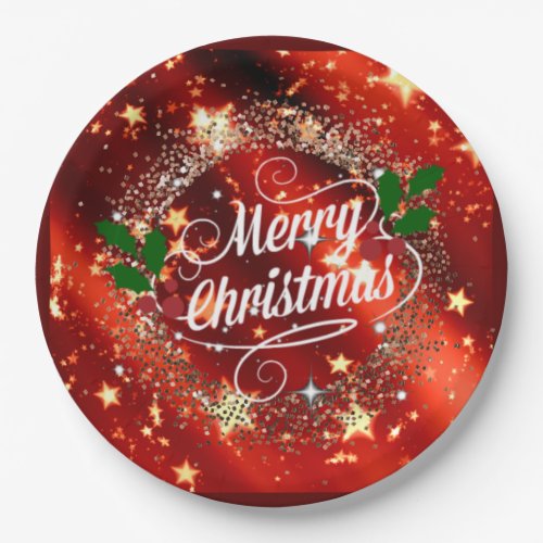 Merry Christmas Sparkling Red and Gold Design  Paper Plates